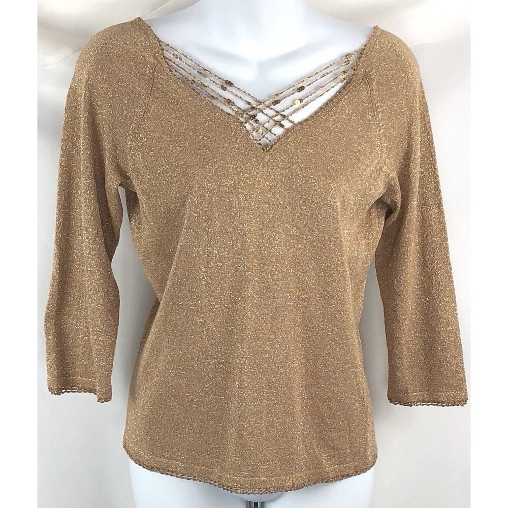 Vintage NY Co Knit Top S Gold Glitter Metallic CutOut Sequins Crochet Trim Y2K